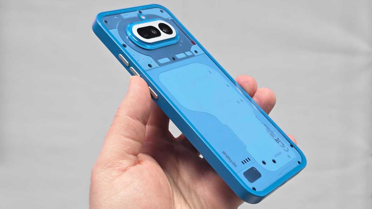 Nothing Phone 4a blue back handheld angled