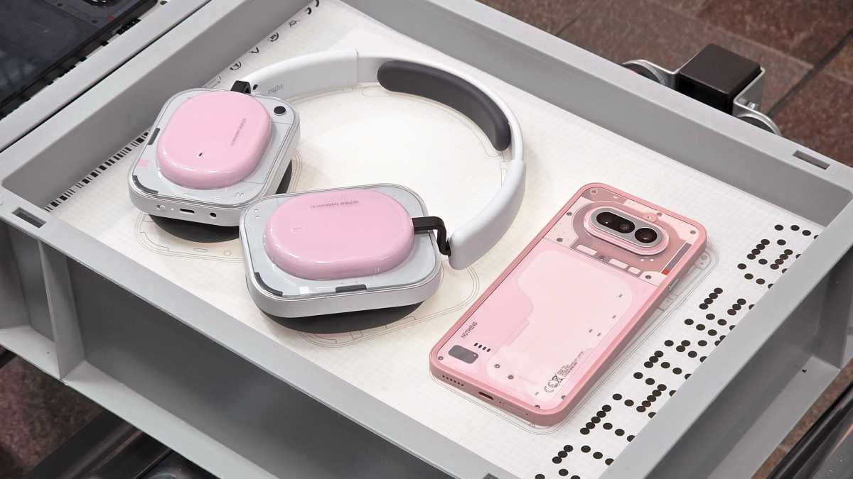 Nothing Phone 4a pink Headphone a pink angled back