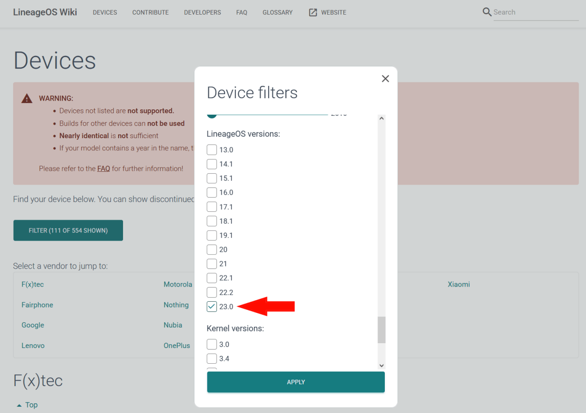 Versionen Filtern LineageOS