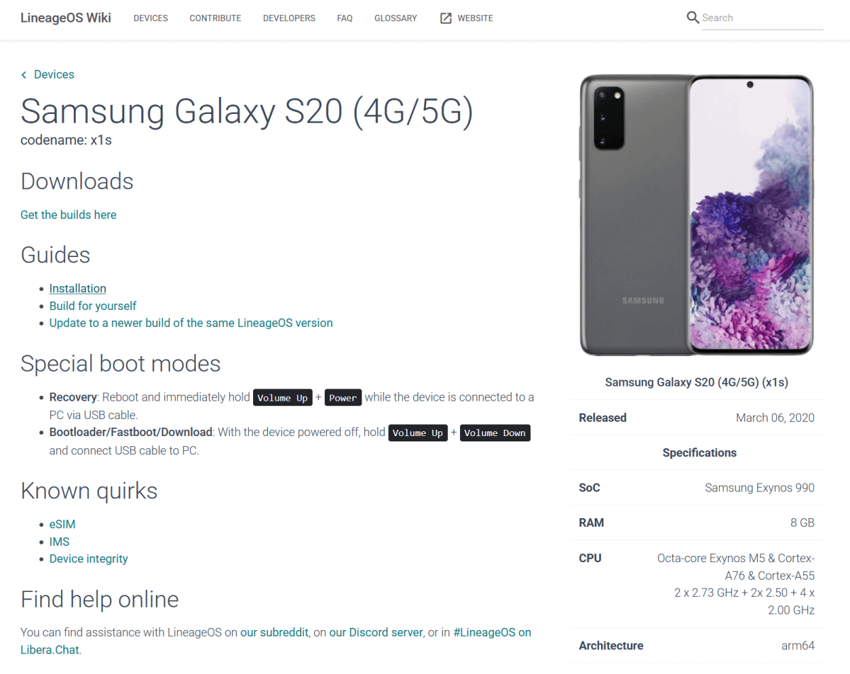 Wikiseite LineagoOS für Galaxy S20