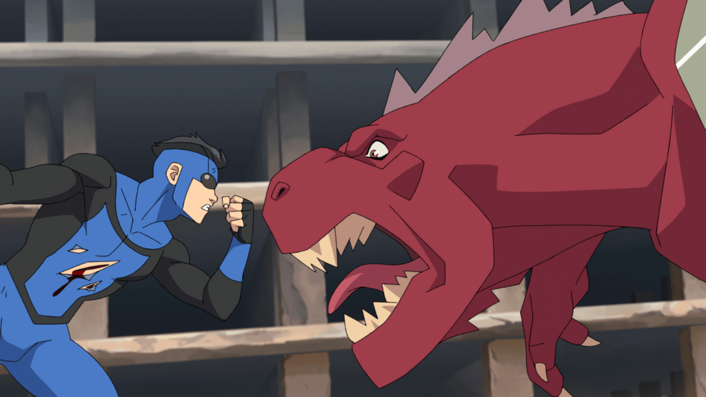 Invincible season 4 - Invincible (Steven Yeun) and Dinosaurus (Matthew Rhys)